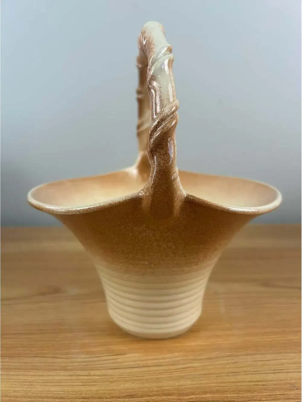 Dryden Originals Vintage Art Pottery Mottled Brown Twist Handle Basket